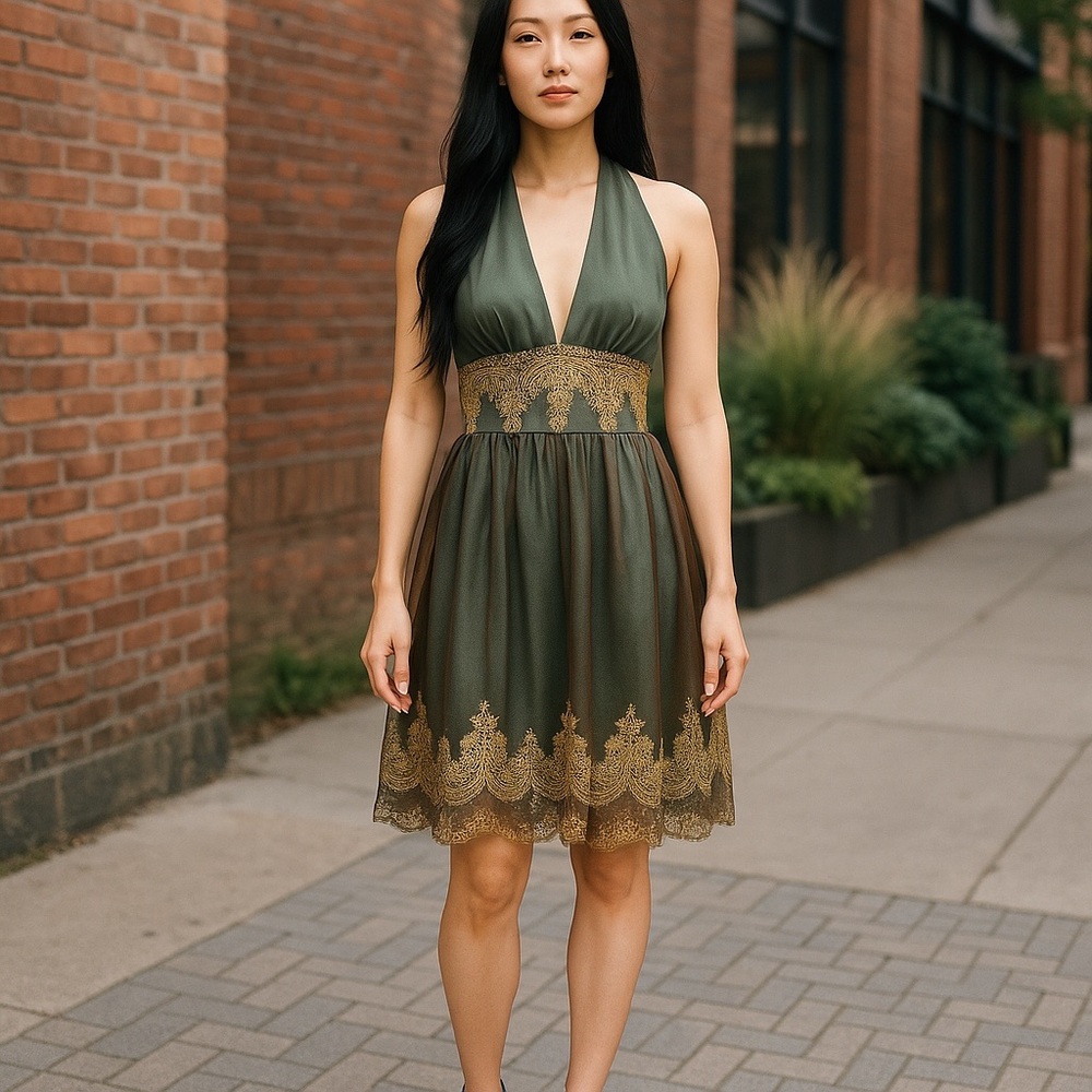 Adrianna Papell Boutique Y2K Green and Brown Halter Dress Size 12